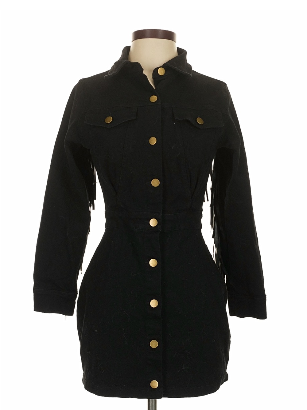 Black Women's Fringe Button-Front Jean Jacket Dress